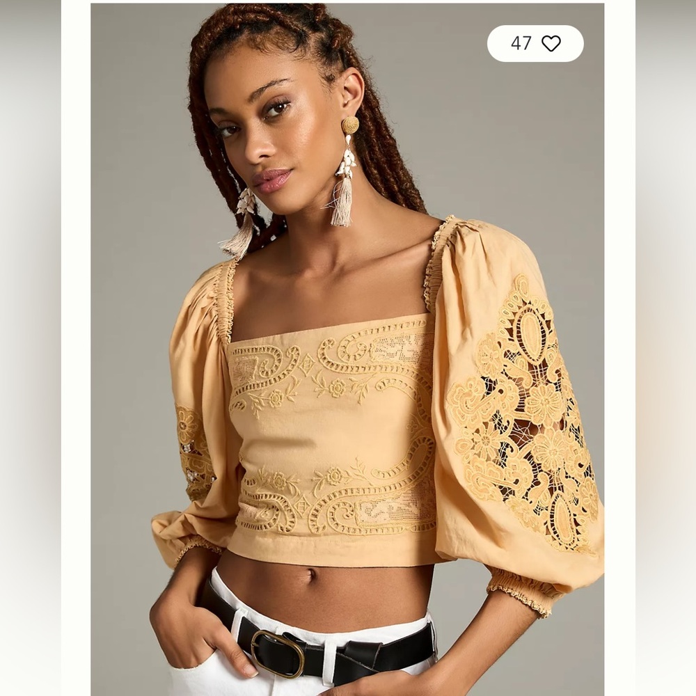 Farm Rio x Anthropologie Lace Puff- Sleeve Blouse